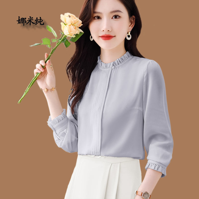 小香風真絲襯衫女春秋季新款韓版時尚洋氣百搭長袖立領襯衣打底衫