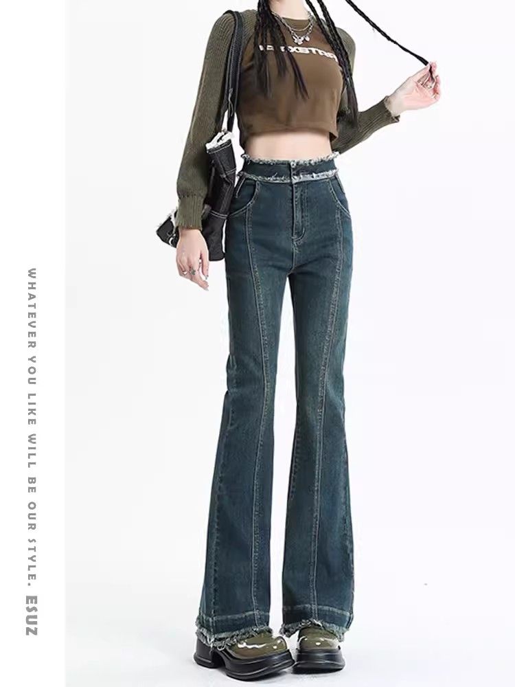 美式復古毛邊微喇牛仔褲女2023秋冬新款辣妹高腰彈力馬蹄喇叭褲子
