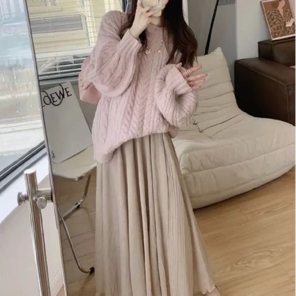 Breast fufu soft glutinous lazy style retro gentle pink sweater women's autumn and winter thick outer wear loose knitted sweater top