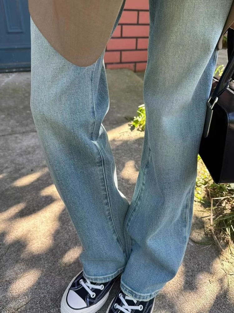 復古做舊直筒牛仔褲女冬季新款高腰寬鬆顯瘦百搭美式闊腿拖地褲子