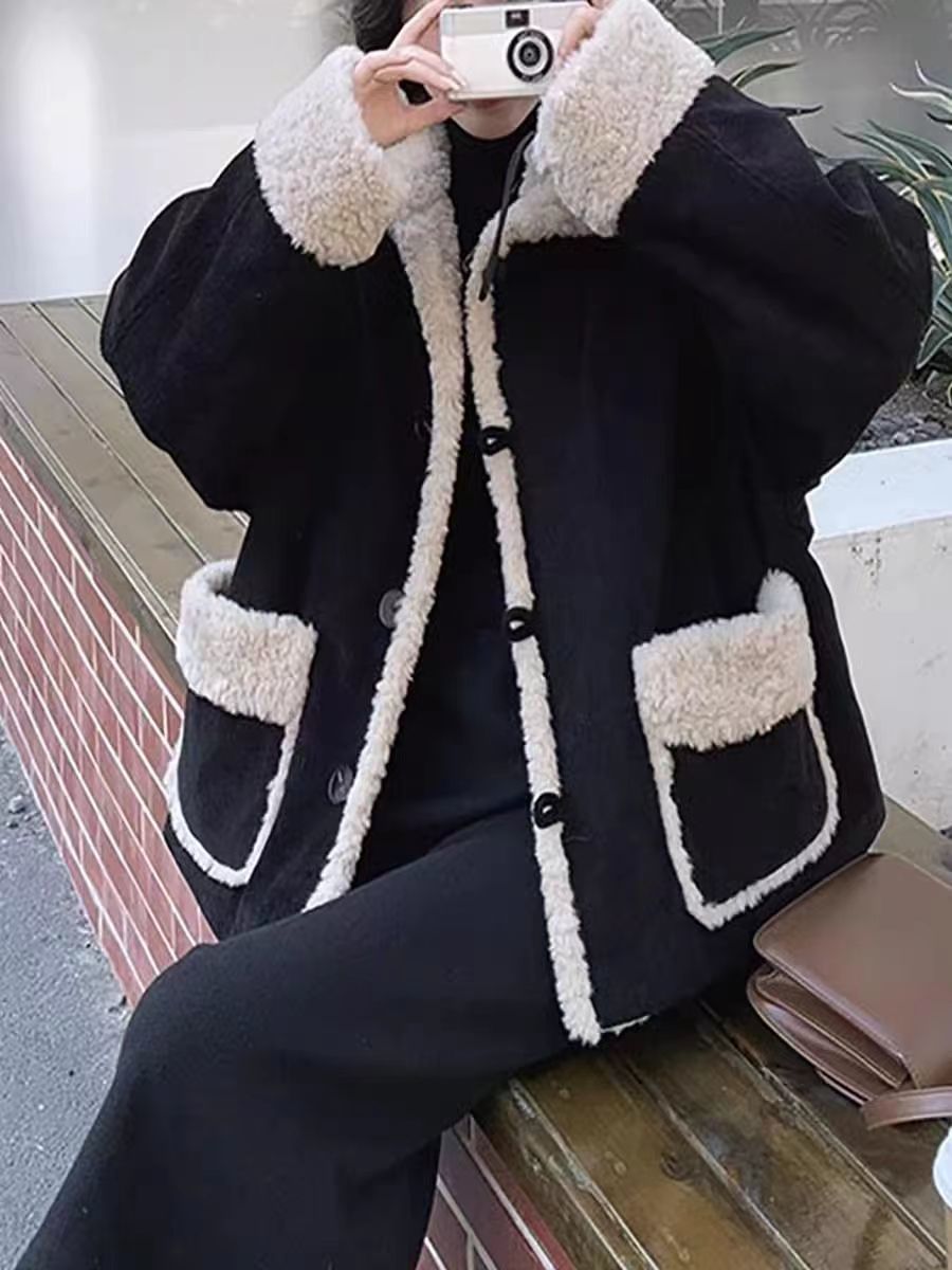 黑色復古燈芯絨羊羔毛外套女2023秋冬新款韓系慵懶風厚加絨上衣