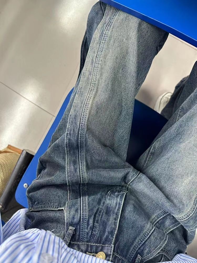美式復古拼接設計感直筒牛仔褲女秋冬新款高腰寬鬆顯瘦高街闊腿褲