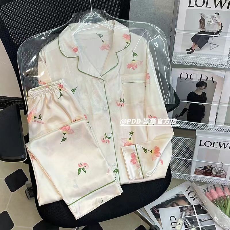 2023新款冰絲加絨睡衣女士長袖套裝芍藥花珊瑚絨家居服加厚秋冬季