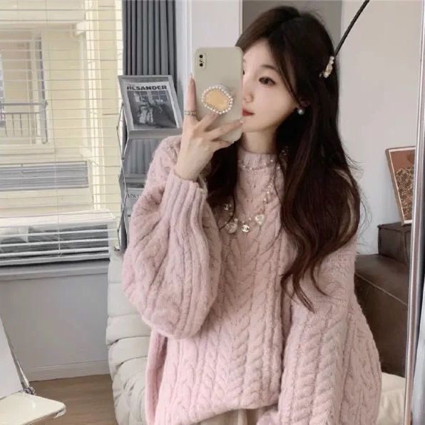 Breast fufu soft glutinous lazy style retro gentle pink sweater women's autumn and winter thick outer wear loose knitted sweater top