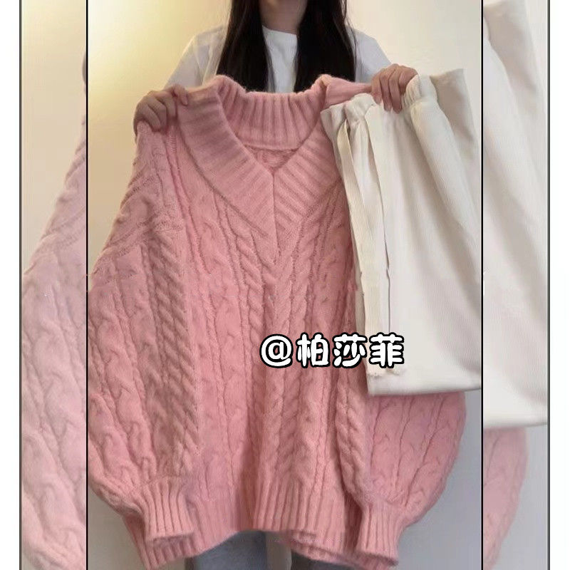 冬季溫柔系穿搭女2023新款韓版寬鬆針織毛衣顯瘦高腰休閒褲兩件套