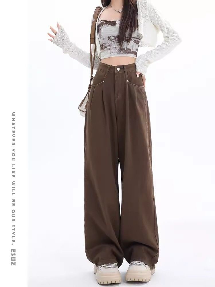 美式咖色闊腿牛仔褲女2023秋冬新款高腰寬鬆顯瘦直筒垂感拖地褲子
