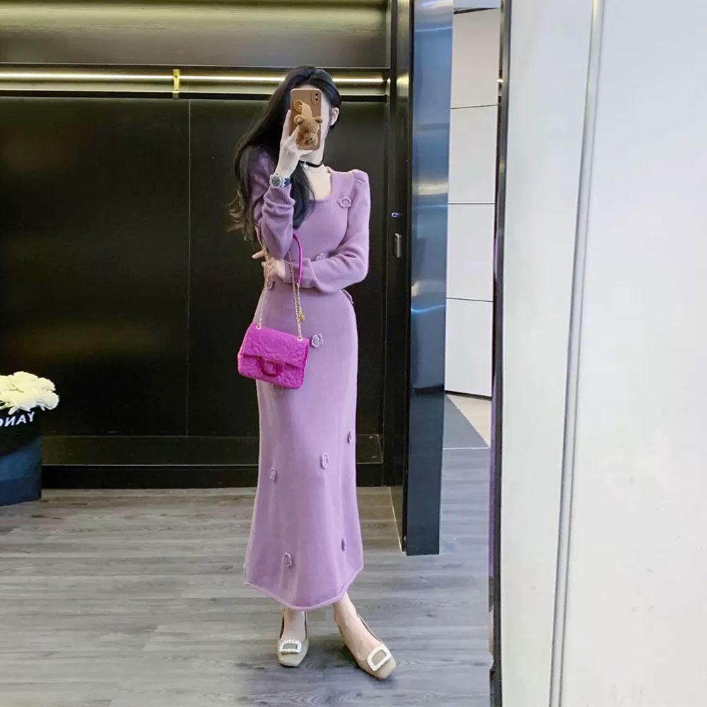 針織連衣裙女2023秋冬新款法式高級感氣質修身包臀長裙