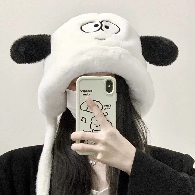 Cute and playful puppy plush hat for girls to show face in winter, keep warm while riding bicycles and protect ears, give a Lei Feng hat to best friend