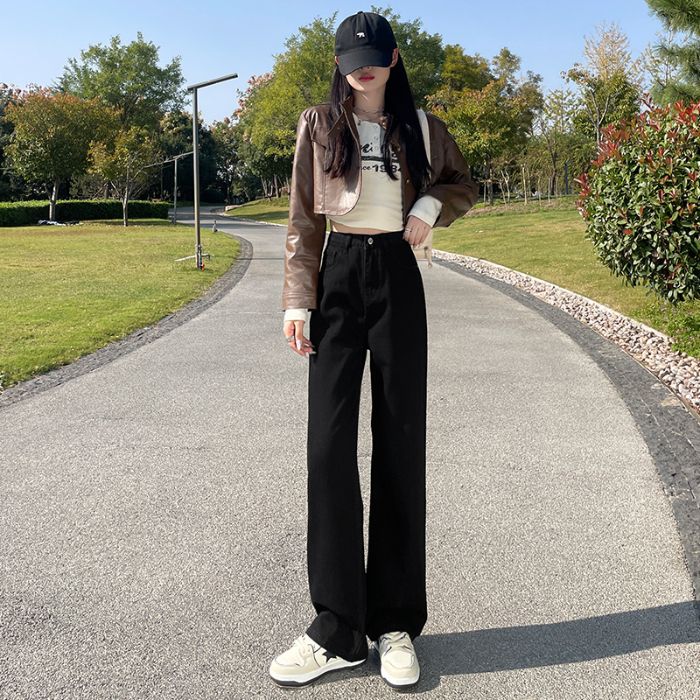 簡約高腰闊腿牛仔褲女2023新款寬鬆顯瘦百搭直筒垂感拖地牛仔褲潮