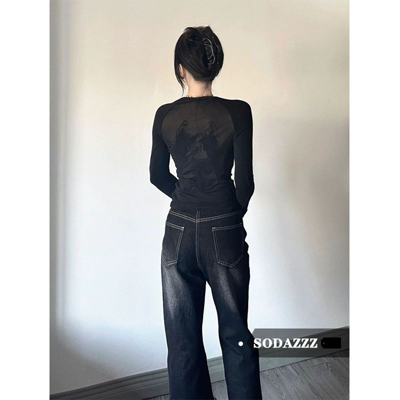 SODAZZZ美式辣妹長袖T恤女裝秋冬黑色獨特别致修身打底衫內搭上衣