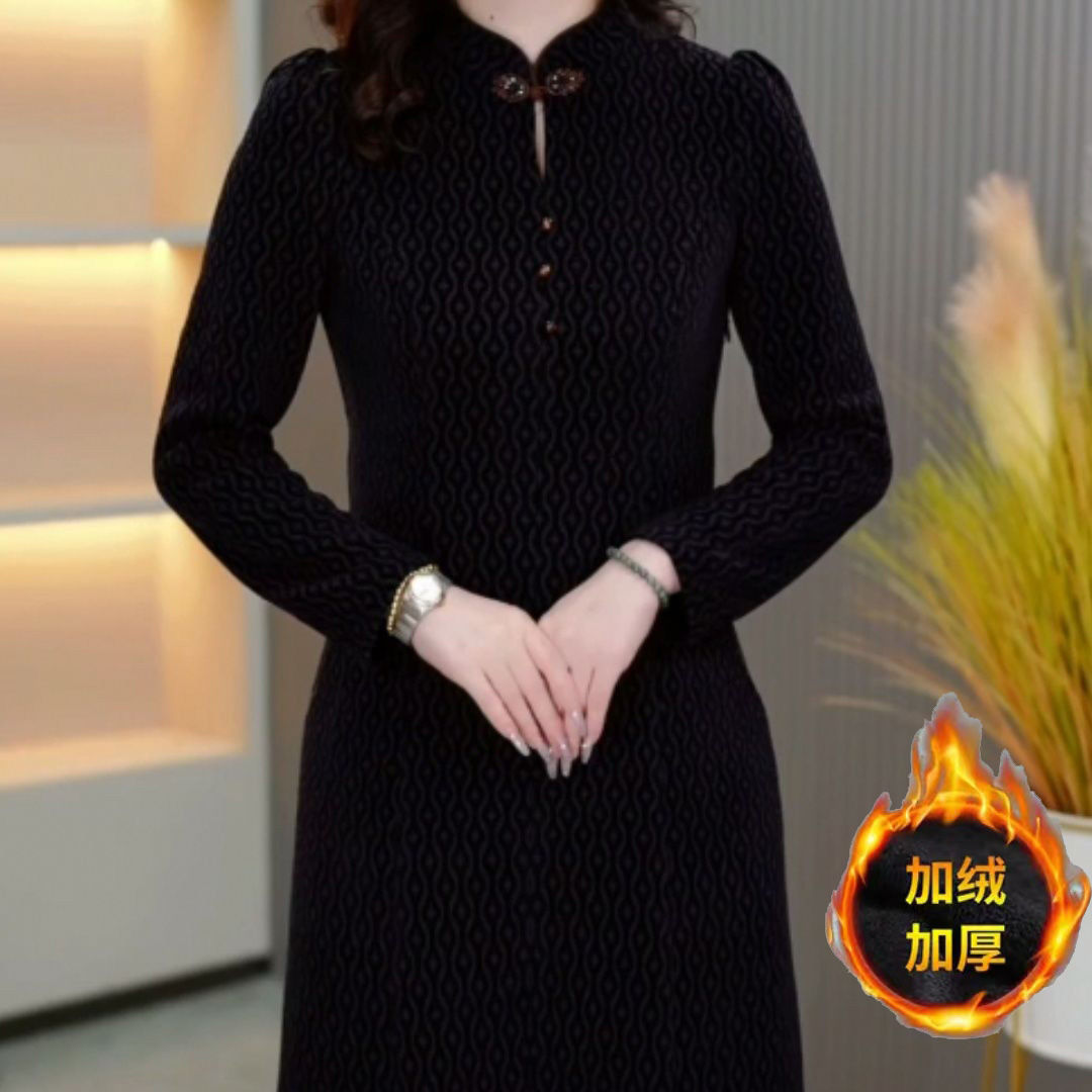 安格拉絨奢華改良旗袍連衣裙加絨2023秋冬款時尚優雅復古修身裙子