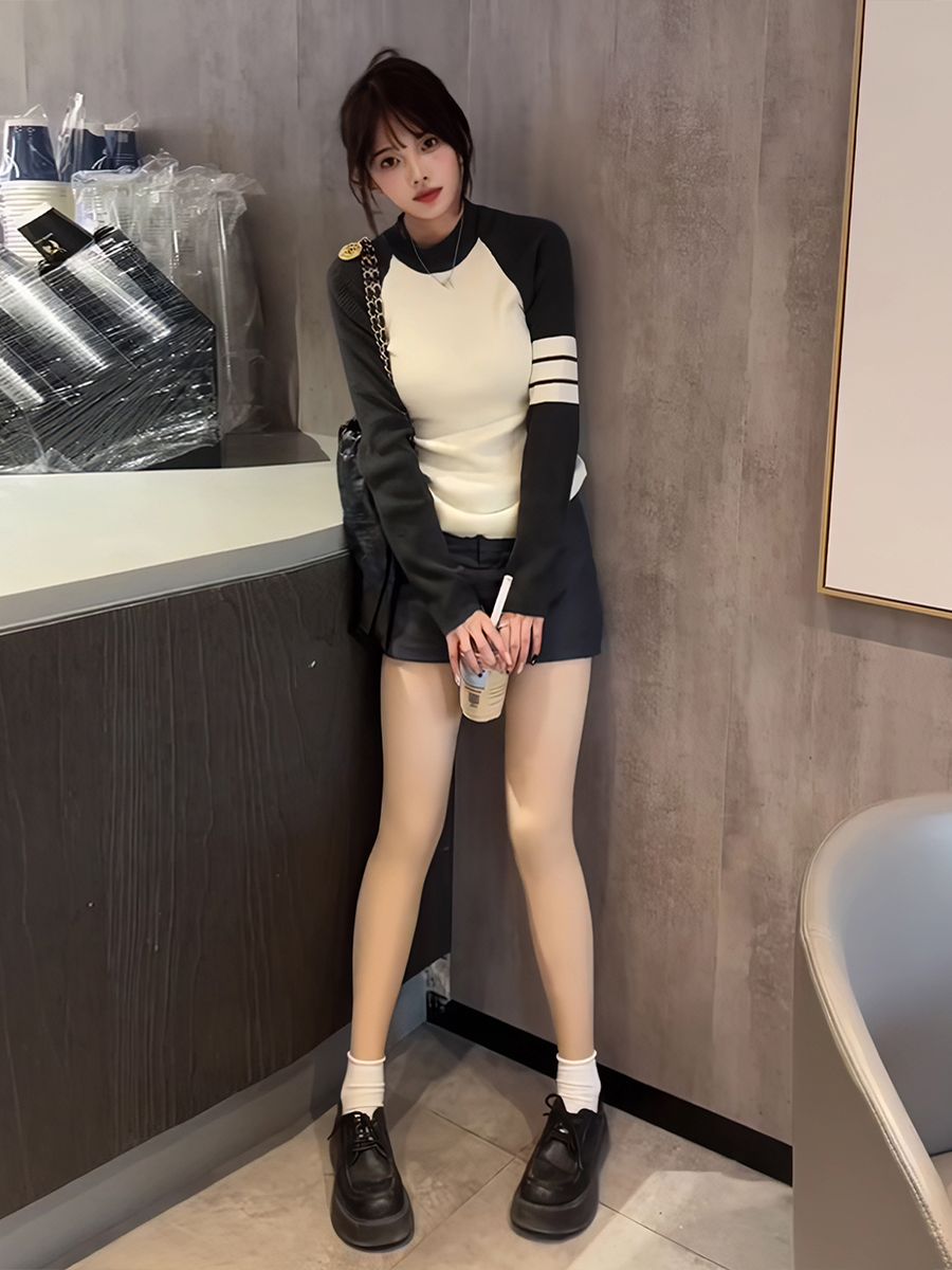 春秋新款圓領套頭拼色長袖針織衫女高級感慵懶風修身百搭條紋毛衣