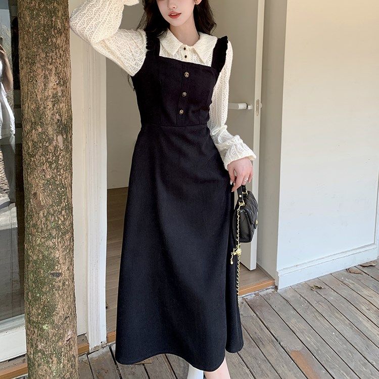 大碼胖mm溫柔小香風撞色連衣裙女秋冬法式蕾絲假兩件收腰遮胯長裙