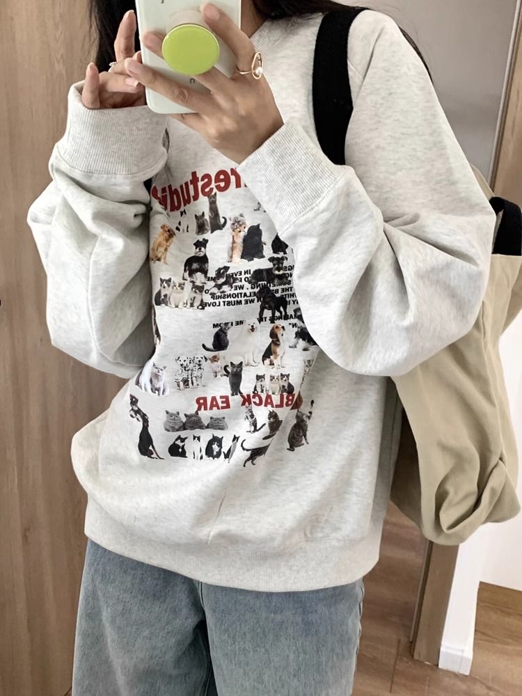 美式復古灰色圓領oversize衛衣女秋冬季加絨寬鬆套頭貓狗印花上衣