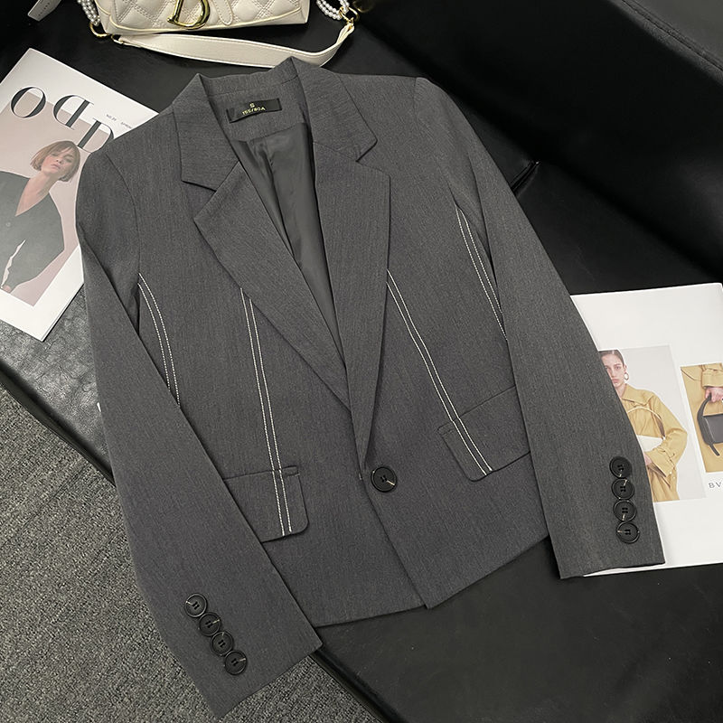 灰色西裝外套女設計感小眾短款上衣休閒職業小個子修身氣質小西服