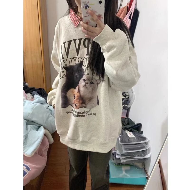 美式復古正肩貓咪圓領衛衣女無帽春秋設計感小眾港味chic長袖上衣
