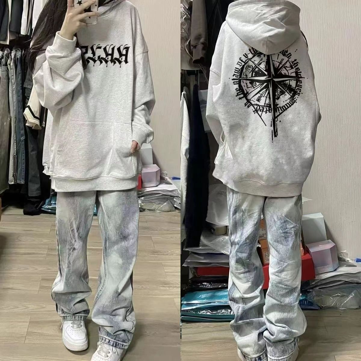 潮女百搭ins創意星星黑色連帽衛衣女hiphop秋冬新款加絨加厚外套