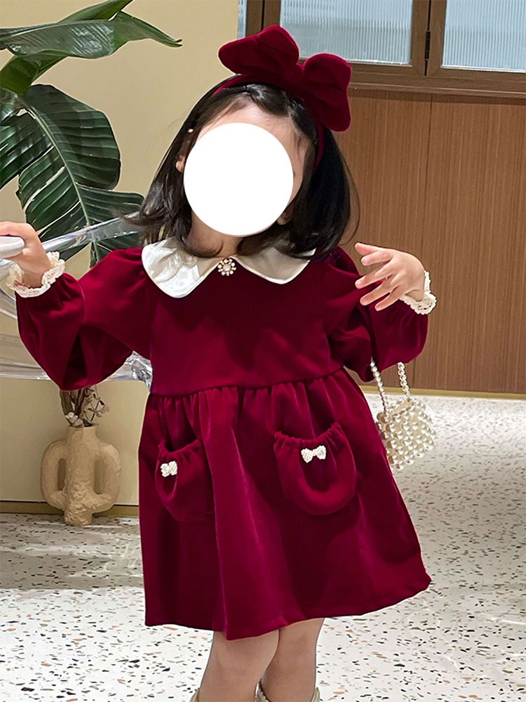 女童秋冬2023新款紅絲絨娃娃領連衣裙周歲女寶寶禮服公主裙洋氣