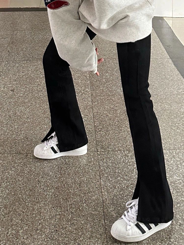 黑色開叉微喇牛仔褲女秋季新款復古高腰修身顯瘦直筒拖地喇叭褲子