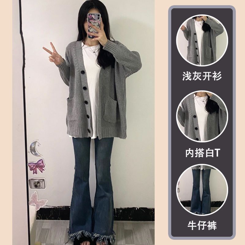 Korean fashion girls light gray v-neck sweater for autumn and winter students new casual loose cardigan sweater