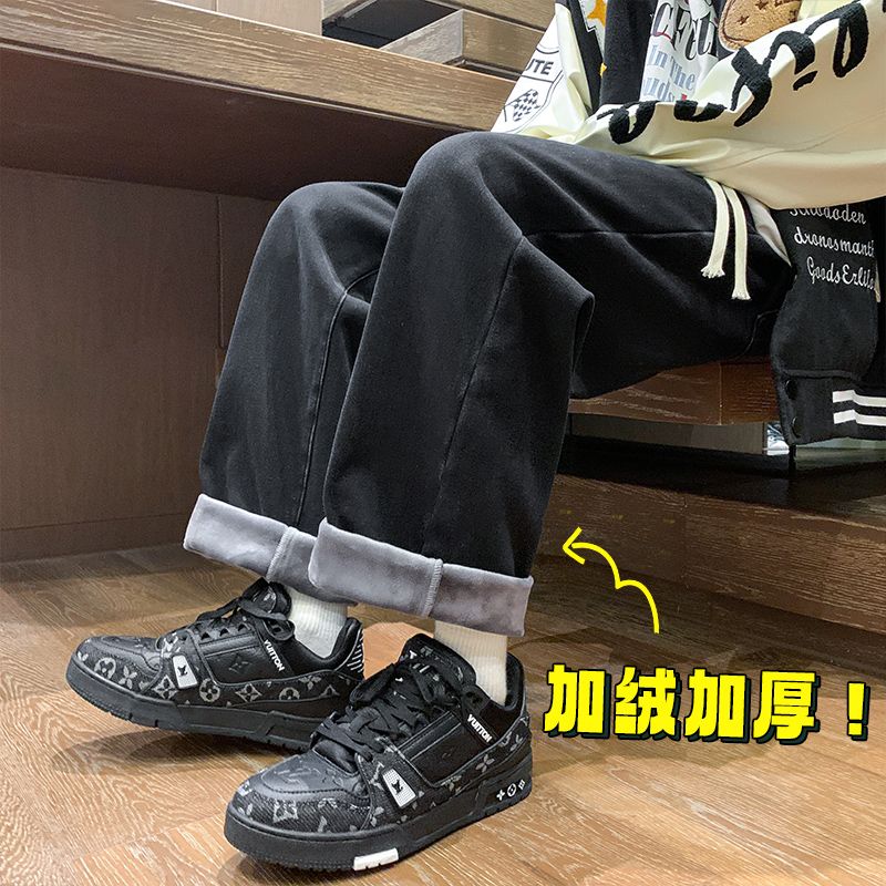 復古直筒加絨牛仔褲男士春秋寬鬆美式長褲子男生潮流2023冬季新款