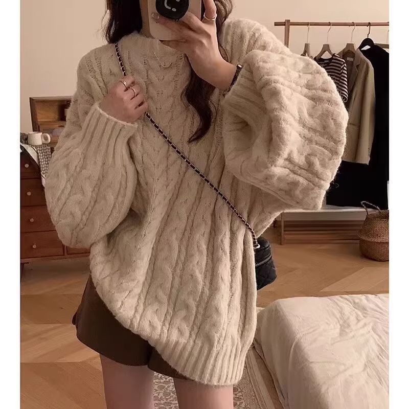 Breast fufu soft glutinous lazy style retro gentle pink sweater women's autumn and winter thick outer wear loose knitted sweater top