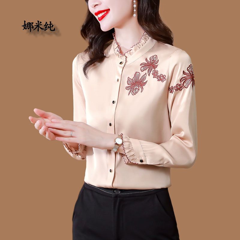 刺繡真絲襯衫女春秋新款小眾時尚洋氣百搭長袖上衣木耳邊立領襯衣