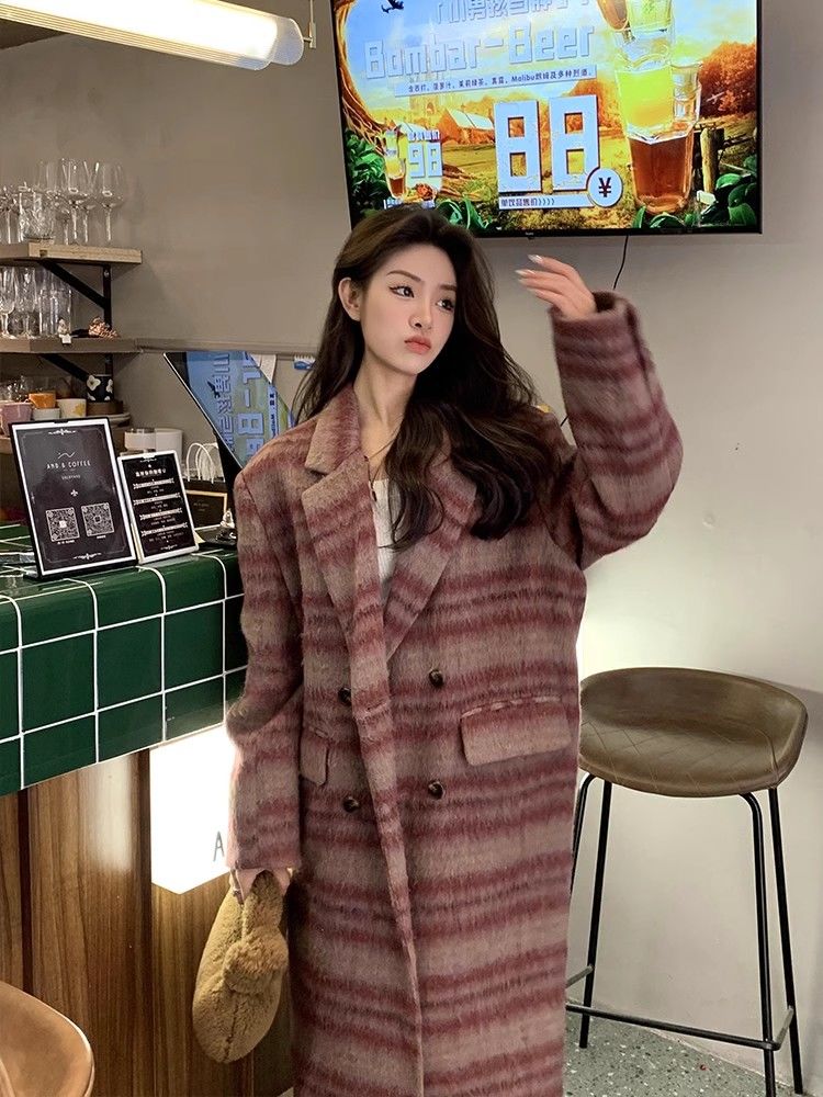 大碼美拉德呢子大衣女秋冬季夾棉復古小眾高級感炸街長款毛呢外套