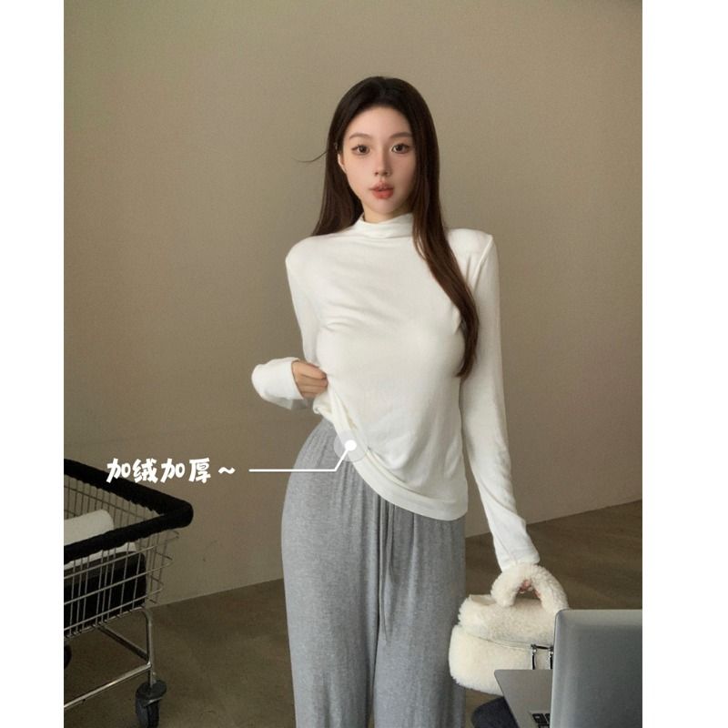 簡約百搭半高領T恤女秋冬2023新款磨毛修身顯瘦長袖內搭打底上衣