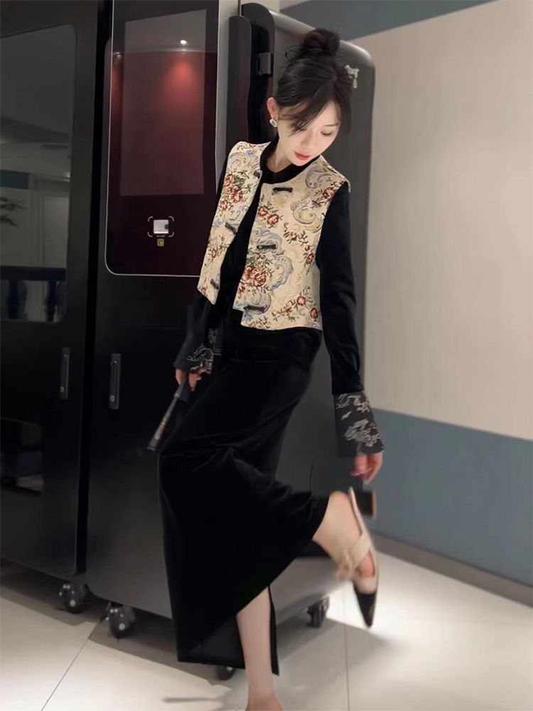 新中式女裝國風禪意馬甲旗袍改良漢服老錢風套裝裙秋冬季2023新款