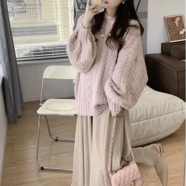 Breast fufu soft glutinous lazy style retro gentle pink sweater women's autumn and winter thick outer wear loose knitted sweater top