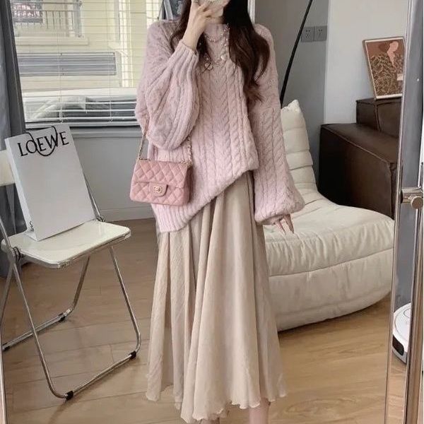 Breast fufu soft glutinous lazy style retro gentle pink sweater women's autumn and winter thick outer wear loose knitted sweater top