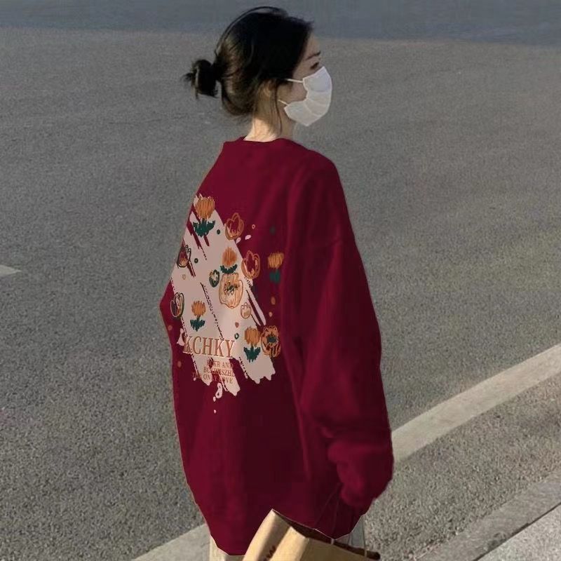 美式復古酒紅色秋冬新款圓領衛衣女ins寬鬆潮牌加絨加厚外套上衣