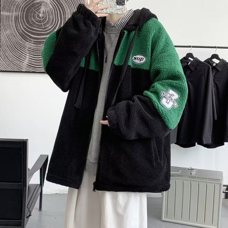 棉衣男加絨羊羔毛外套秋冬季青少年學生加厚連帽棉服帥氣冬裝棉襖