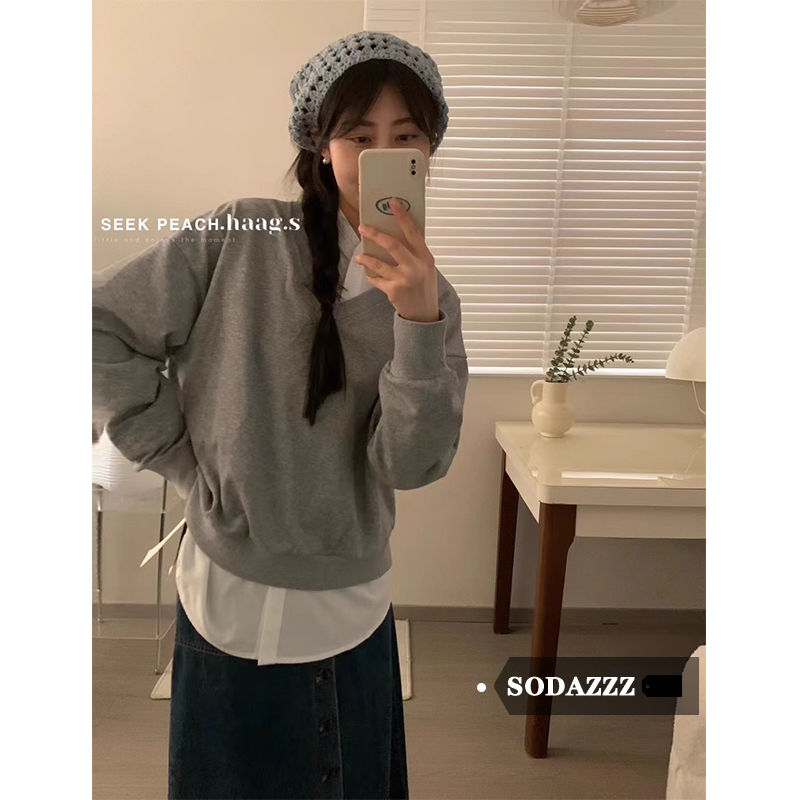 SODAZZZ韓系V領時尚衛衣女秋冬新款灰色套頭寬鬆顯瘦百搭上衣潮