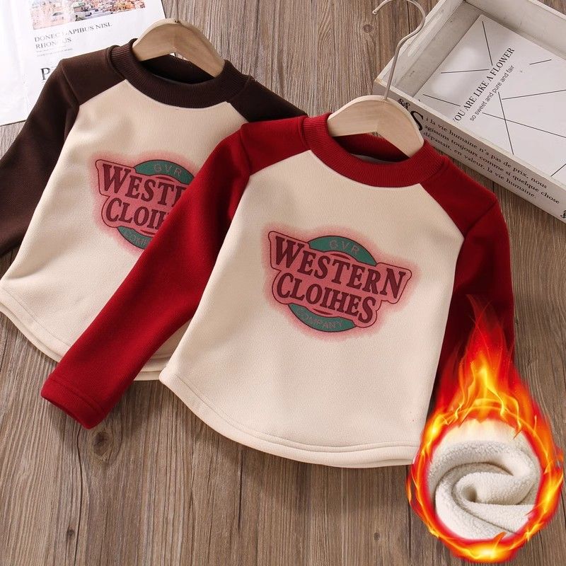 Girls' long-sleeved T-shirt, versatile new autumn and winter all-in-one velvet warm top, children's thickened half turtleneck bottoming shirt