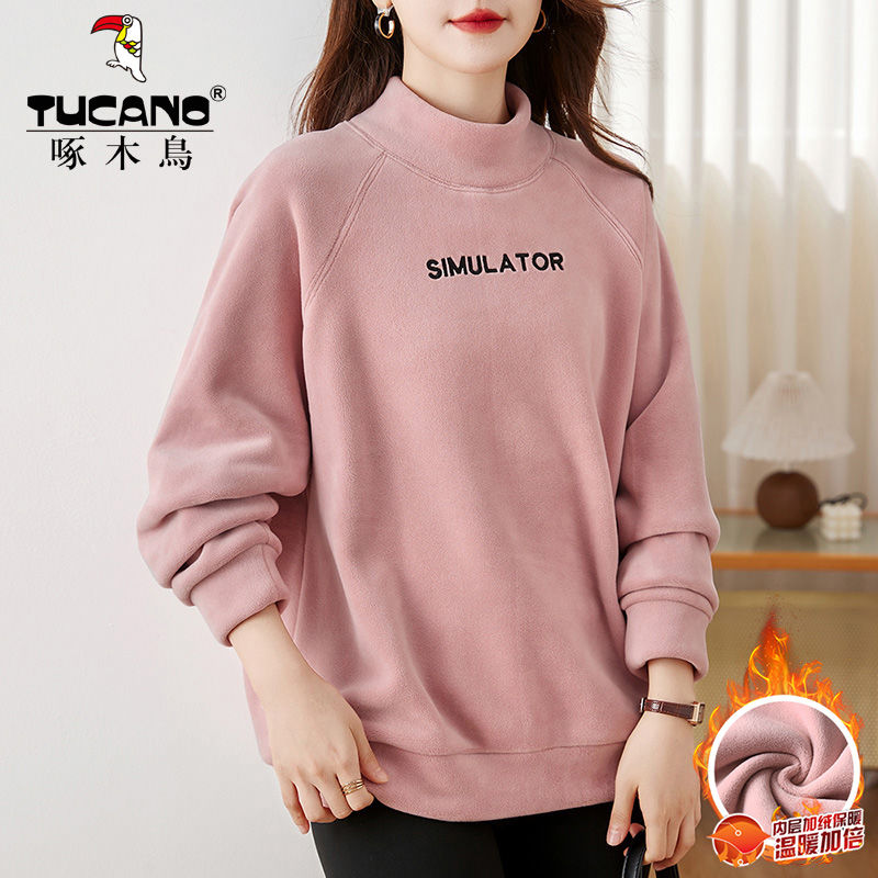 Winter velvet thickened sweatshirt for women 2023 new autumn and winter popular half turtleneck warm top jacket trendy