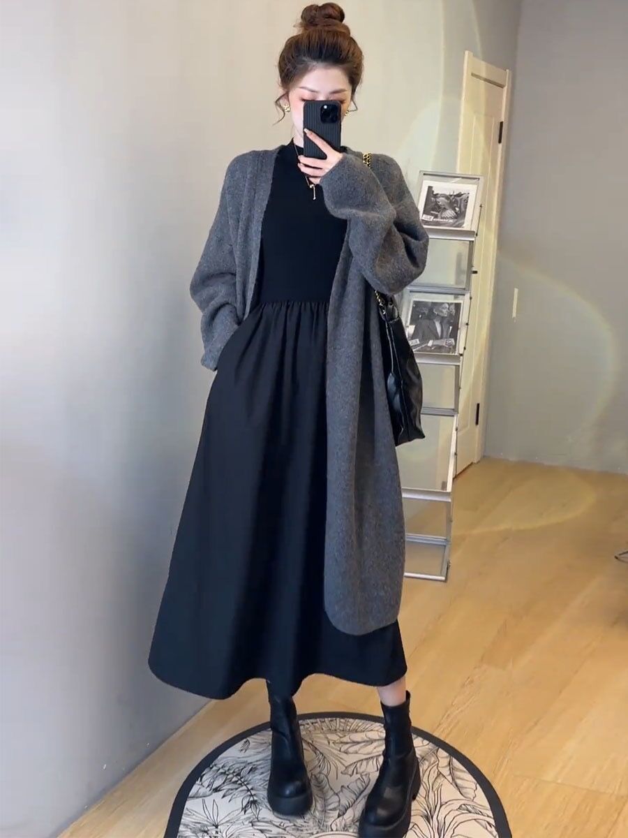 大碼胖MM慵懶風套裝女秋冬新款長款毛衣外套+黑色連衣裙兩件套潮