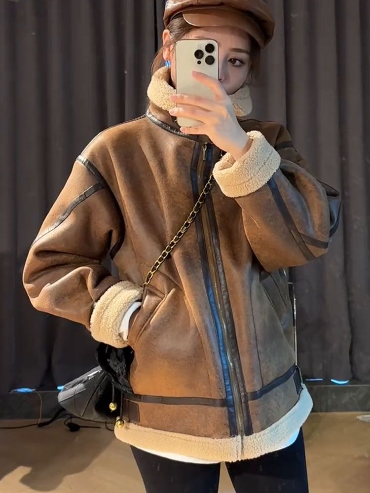 藍海奕諾皮毛一體羊羔毛外套女2023冬新款麂皮絨機車服夾克羊羔絨