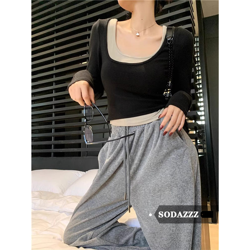 SODAZZZ秋冬季長袖t恤女內搭打底衫設計感小眾修身短款收腰上衣