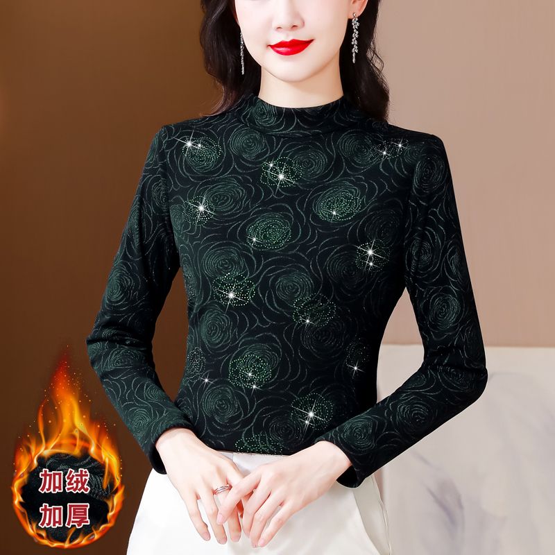 壓鑽加絨加厚長袖打底衫女內外穿搭女時尚百搭減齡保暖T恤上衣女