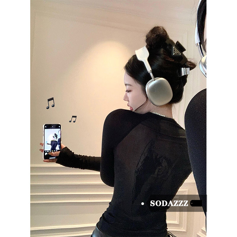 SODAZZZ黑色印花長袖T恤女秋冬季新款內搭打底衫修身設計感上衣