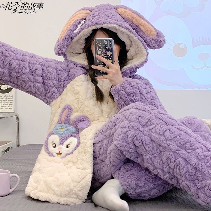 花季的故事冬天睡衣女三層夾棉特厚棉襖保暖高顏值ins家居服套裝
