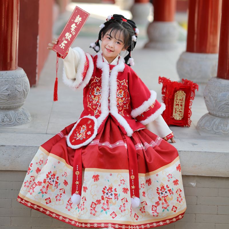 漢服女童冬裝寶寶古風唐裝明制套裝小女孩喜慶紅拜年服新年裝過年
