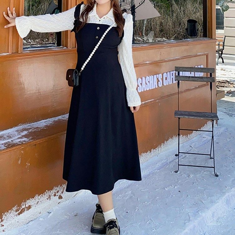 秋冬季新款大碼假兩件翻領長袖連衣裙女收腰喇叭袖蕾絲打底長裙潮