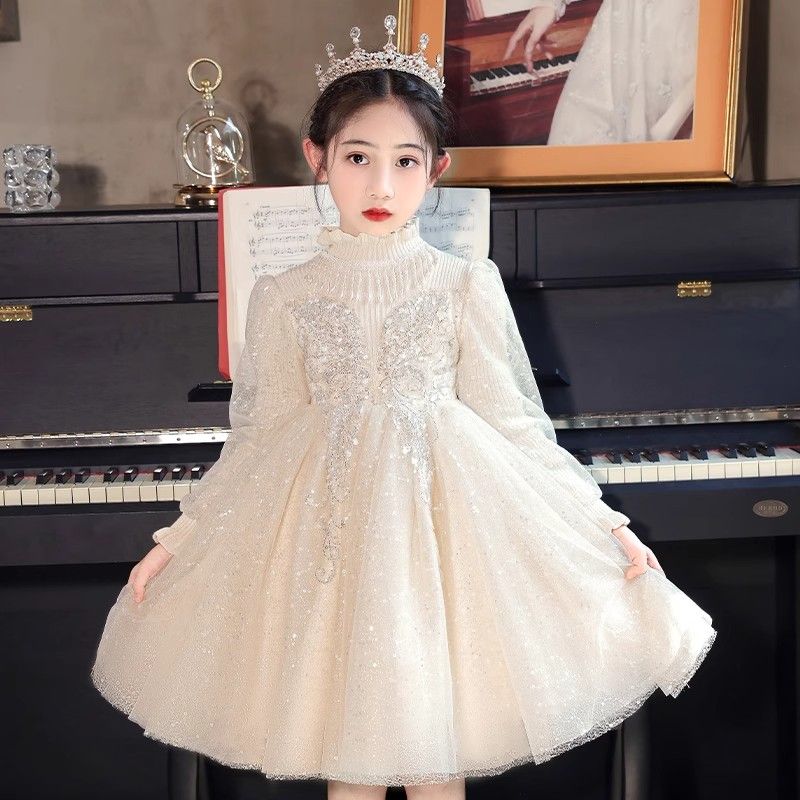 女童秋冬連衣裙2023新款女孩洋氣加絨冬裙兒童高端禮服公主裙冬季
