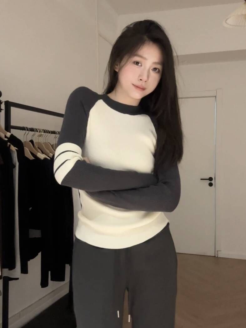 撞色插肩袖條紋套頭針織衫女秋冬裝美式復古小眾短款內搭長袖上衣
