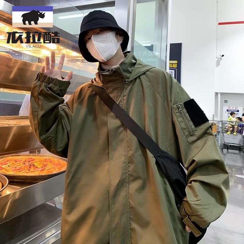學生男春秋新款戶外防風防水魔術貼連帽夾克情侶款衝鋒衣潮牌外套