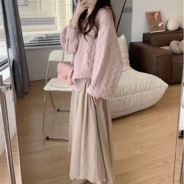 Breast fufu soft glutinous lazy style retro gentle pink sweater women's autumn and winter thick outer wear loose knitted sweater top