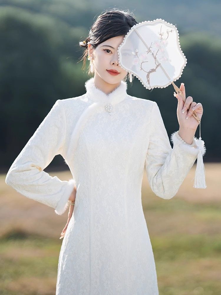 蕾絲魚尾旗袍新款2023氣質少女秋冬年輕款加絨改良連衣裙冬款加厚